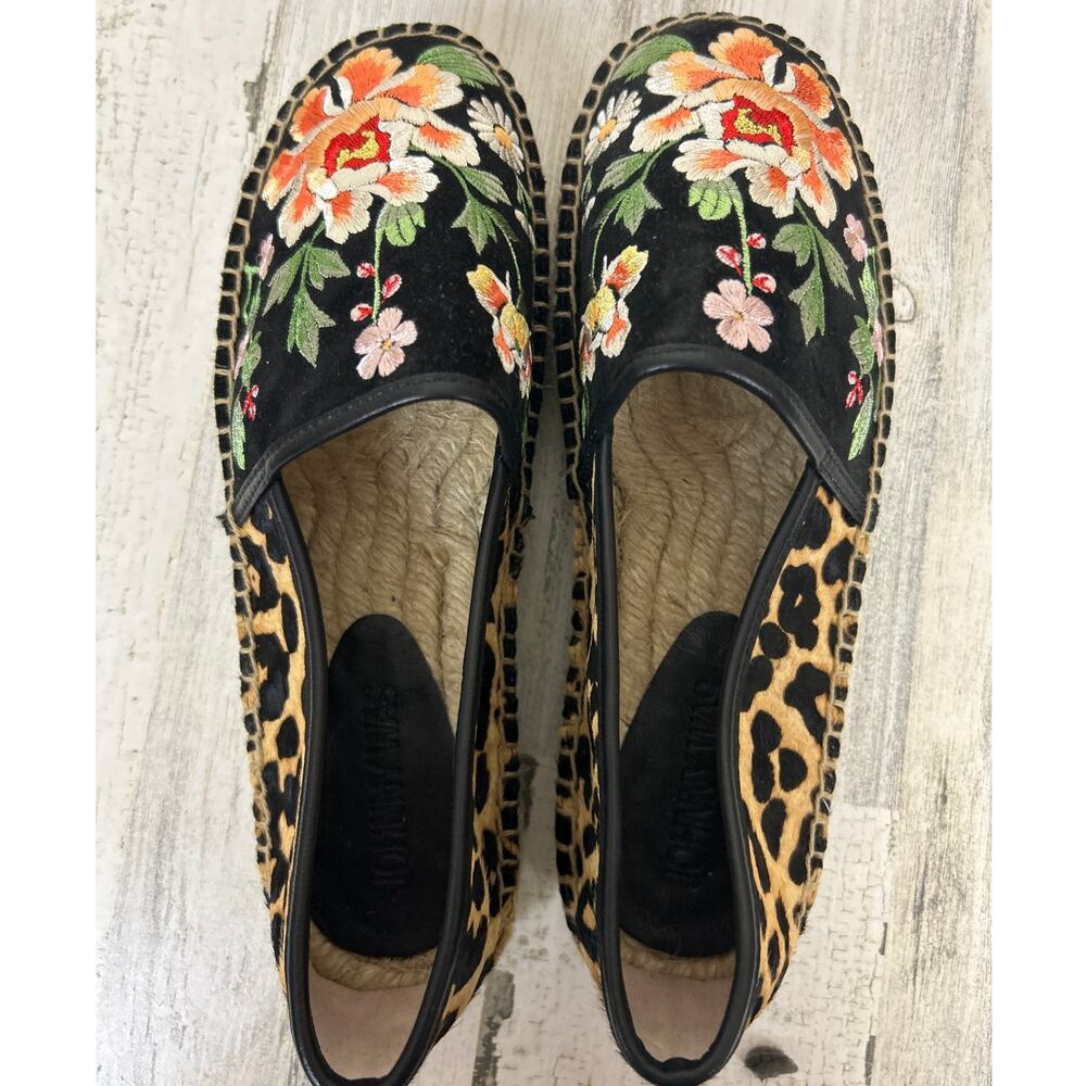 Johnny Was womens size 6 embroidered leopard leather espadrille shoes floral new